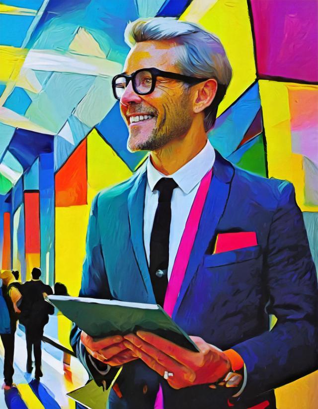 Leende mässbesökande använder futuristiska glasögon
