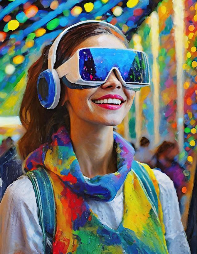Leende mässbesökande använder futuristiska glasögon